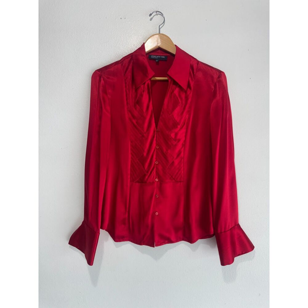 Jones NY signature button up 100% silk shirt long sleeves red festive women L